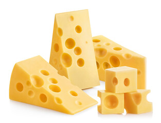 Group of delicious cheese pieces, isolated on white background