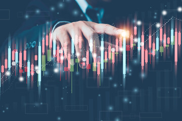 Businessman finger touch symbol stock graph and chart with business candlestick. Stock Market...