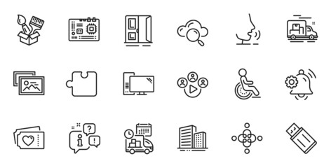 Outline set of Notification bell, Motherboard and Puzzle line icons for web application. Talk, information, delivery truck outline icon. Include Open door, Computer, Love tickets icons. Vector