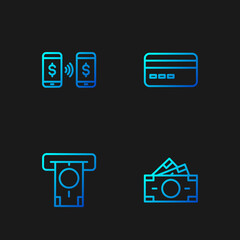 Set line Stacks paper money cash, ATM and, Money payment transfer and Credit card. Gradient color icons. Vector