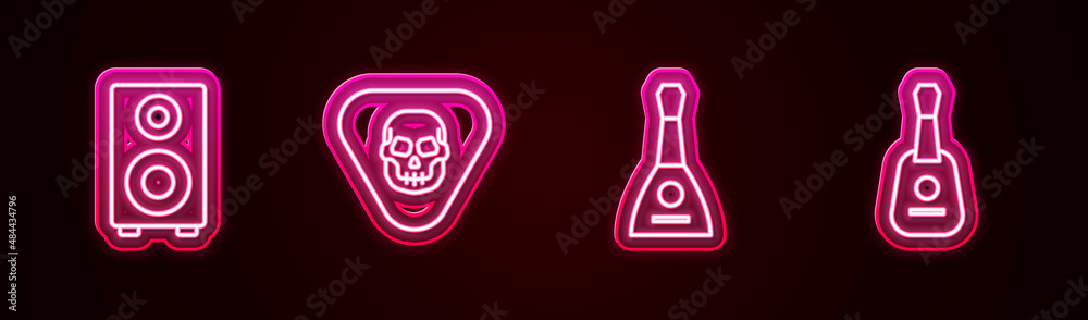 Sticker set line stereo speaker, guitar pick, balalaika and . glowing neon icon. vector