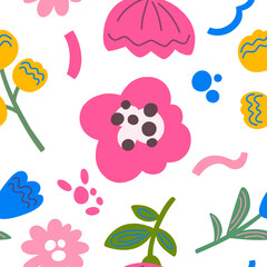 Seamless pattern with hand-drawn different shapes and colors. Abstract modern trendy vector graphic.