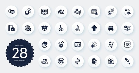 Set of Technology icons, such as Bitcoin atm, Augmented reality and Vacuum cleaner flat icons. Blocked card, Pie chart, Open box web elements. Globe, Online question, Disability signs. Vector
