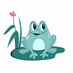 Funny frog with flowers. Nice illustration. Isolated character on a white background.