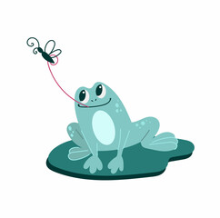 Funny frog catches a fly . Nice illustration. Isolated character on a white background.