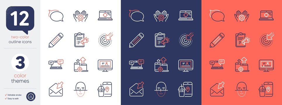 Set of Online video, Open mail and Targeting line icons. Include Seo devices, Internet chat, Pencil icons. Face recognition, Seo laptop, Talk bubble web elements. Megaphone checklist. Vector