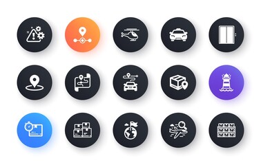 Minimal set of Helicopter, Journey and Pin flat icons for web development. Warning, Destination flag, Cardboard box icons. Wholesale inventory, Taxi, Parcel tracking web elements. Lift. Vector