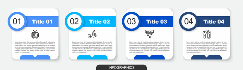 Set line Retro tv, Paying tips, Air conditioner and Hotel door lock key. Business infographic template. Vector