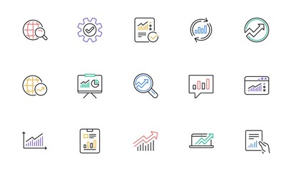 Analytics line icons. Reports, Charts and Graphs. Data statistics linear icon set. Bicolor outline web elements. Vector