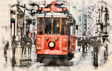Vintage tram in Istanbul, Turkey watercolor sketch. Taksim-Tunel Nostalgia Tramway line operates on Istiklal Street between Taksim Square and underground railway line - obrazy, fototapety, plakaty