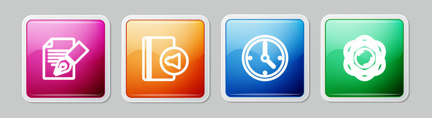 Set line Exam sheet and pencil, Audio book, Clock and Atom. Colorful square button. Vector