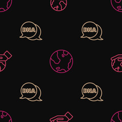 Set line Hand holding Earth globe, DNA symbol and on seamless pattern. Vector