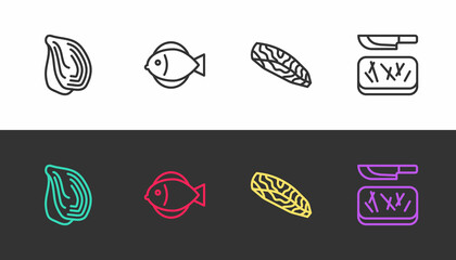 Set line Mussel, Fish, steak and Cutting board and knife on black and white. Vector