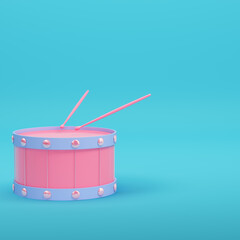 Obraz na płótnie Canvas Pink cartoon-styled drum with drum sticks on bright blue background in pastel colors