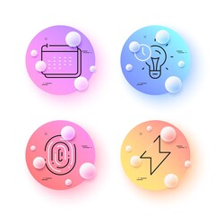 Calendar, Energy and Time management minimal line icons. 3d spheres or balls buttons. Fingerprint icons. For web, application, printing. Schedule planner, Thunderbolt, Idea lightbulb. Vector