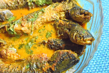 Tyangra fish , scientific name - Batasio batasio or Mystus tengara or Macrones vittalus, cooked and served in plate. These are very popular fishes in West Bengal (India). Bengalis love to eat them.