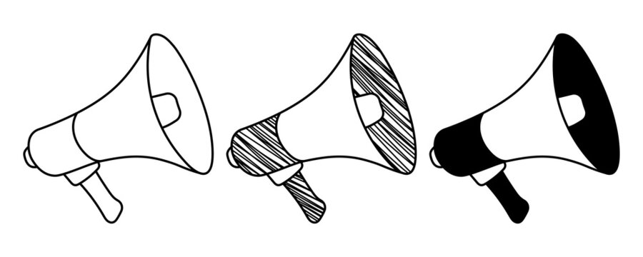 Set of hand drawn vector hand megaphone in doodle cartoon style