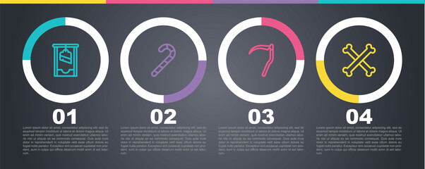 Set line Guillotine, Christmas candy cane, Scythe and Crossed bones. Business infographic template. Vector