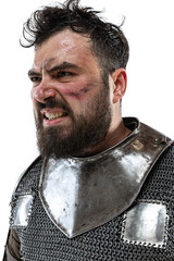 Cropped portrait of brave and brutal medieval warrior or knight isolated over white background
