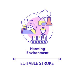 Harming environment concept icon. Emissions and waste dumping. Market economy cons abstract idea thin line illustration. Isolated outline drawing. Editable stroke. Arial, Myriad Pro-Bold fonts used