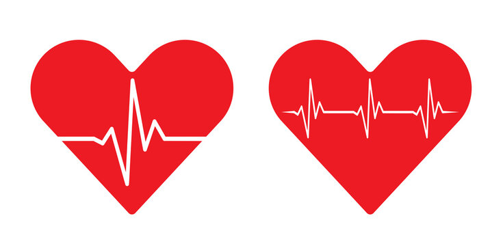 Red hearts with EKG, ECG lines on white background.  Creative medical vector design to use in healhcare, healthy lifestyle, medical care, cardiology project.