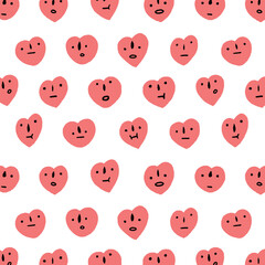 Fototapeta premium Hand drawn vector illustration of heart with face pattern on white background. Pattern for textile, fabric, wrapping paper. 