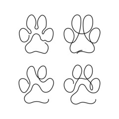 Set of continuous one line drawing illustration of a paw pad. Collection dog paw print drawing. Footprint with claw. Isolated on white background. - obrazy, fototapety, plakaty
