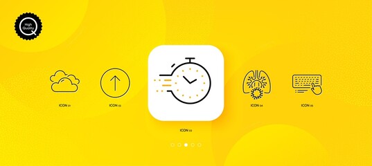 Fototapeta na wymiar Timer, Coronavirus lungs and Cloudy weather minimal line icons. Yellow abstract background. Computer keyboard, Swipe up icons. For web, application, printing. Vector