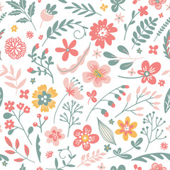 Fototapeta na wymiar Seamless floral pattern with cute hand drawn meadow flowers on a white background. Vector background 