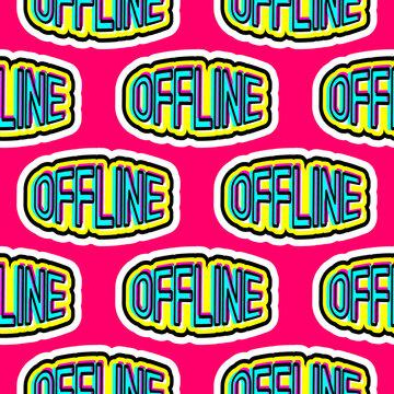 Seamless pattern with word patches “Offline" isolated on bright red background. Quirky cartoon retro comic style. Vector wallpaper.