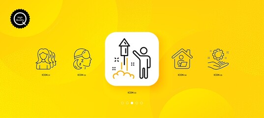 Fototapeta na wymiar Work home, Fireworks and Women headhunting minimal line icons. Yellow abstract background. Insomnia, Employee hand icons. For web, application, printing. Vector