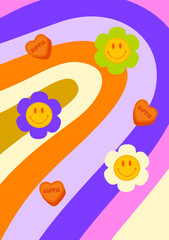 Groovy rainbow and flower poster. Retro 60s 70s style.