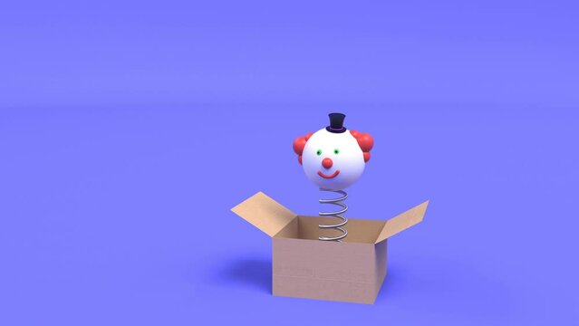 April fool's day Funny concept Holiday party the clown's head jumps out of the box on a spring 4k