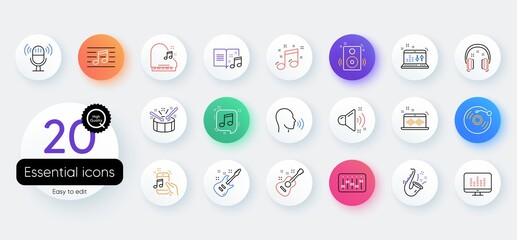 Music line icons. Bicolor outline web elements. Set of Acoustic guitar, Musical note, Vinyl record icons. Jazz saxophone, Drums with drumsticks, DJ controller. Vector