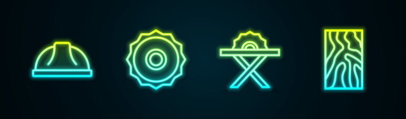 Set line Worker safety helmet, ircular saw blade, Electric circular and Wooden beam. Glowing neon icon. Vector
