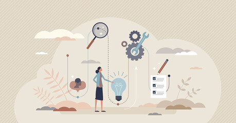 Design thinking process and workflow management strategy tiny person concept. Innovative planning stages with empathize, define, prototype and test steps for successful results vector illustration.