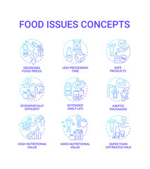 Fototapeta na wymiar Food issues blue gradient concept icons set. Preserve products. Processing technology idea thin line color illustrations. Isolated symbols. Editable stroke. Roboto-Medium, Myriad Pro-Bold fonts used