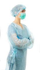 nurse in sterile disposable clothes and mask. isolated