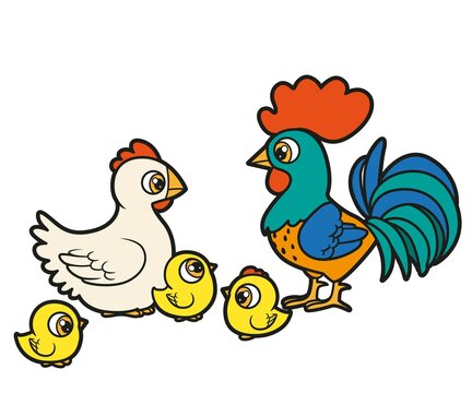 Cute cartoon rooster and hen with chickens color variation for coloring book on white background