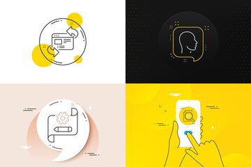 Minimal set of Head, Check article and Cogwheel blueprint line icons. Phone screen, Quote banners. Refresh website icons. For web development. Profile messages, Magnifying glass, Edit settings. Vector