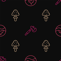 Set line Sea and waves, Mushroom and Wooden axe on seamless pattern. Vector