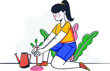 Hand Drawn Woman Plant Tree for Save Earth - Earth Day