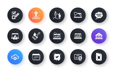 Minimal set of Online question, Web analytics and Confirmed flat icons for web development. Checkbox, Certificate, Sound check icons. Winner, Calendar, Brush web elements. Vector