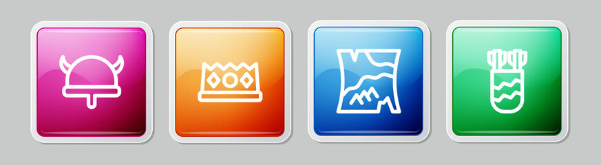 Set line Viking in horned helmet, King crown, Folded map and Quiver with arrows. Colorful square button. Vector