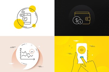 Minimal set of Communication, Sale and Seo analysis line icons. Phone screen, Quote banners. Buying accessory icons. For web development. Smartphone messages, Shopping star, Targeting chart. Vector