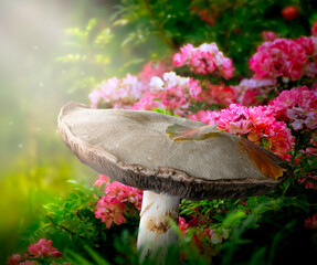 Fototapeta na wymiar Fantasy Mushroom glade in enchanted fairy tale dreamy Forest, fabulous fairytale blooming pink rose flower garden on mysterious background, elven magic woods shine in bright sunny morning.