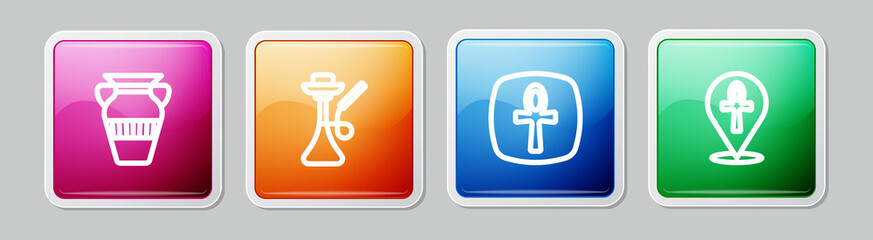 Fototapeta premium Set line Egyptian vase, Hookah, Cross ankh and . Colorful square button. Vector