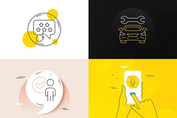 Minimal set of Microphone, Car and Ranking star line icons. Phone screen, Quote banners. Verification person icons. For web development. Mic, Car service, Click rank. Approved client. Vector