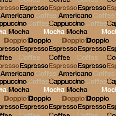 Coffee seamless pattern design. Decorate text in brown colors.