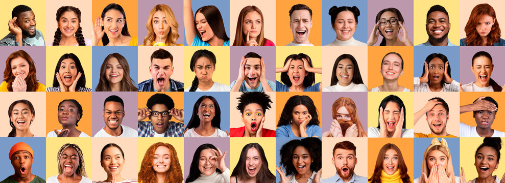 Collection of closeup photos, millennials feelings and emotions concept, collage